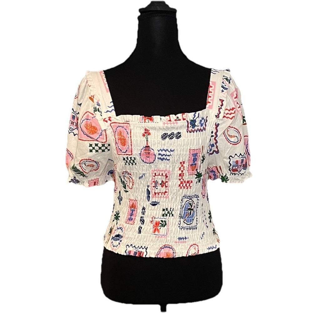 Monteau Los Angeles Smocked Square Neck Puff Sleeve‎ Crop Top Multi Color Large